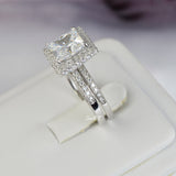 Halo Princess Cut Bridal Wedding Engagement Ring Diamond Simulated 925 Sterling Silver Anniversary Ring and a Wedding Band SKU:00173