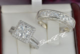 His Hers Halo Princess Cut Bridal Wedding Engagement Ring Diamond Simulated 925 Sterling Silver Anniversary Ring SKU:00175