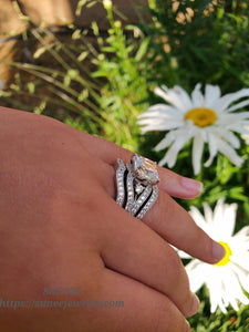 3.4ct Princess Cut 3pcs Bridal Wedding Engagement Ring Diamond Simulated Sterling Silver Anniversary Rings SKU:00139