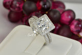 Halo Princess Cut Sterling Silver Bridal Ring Set: Simulated Diamond Anniversary