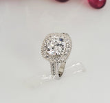 Cushion Cut Halo Ring: 3.45ct Simulated Diamond, Sterling Silver