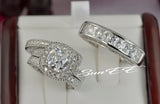 Cushion Cut Sterling Silver Wedding Ring Set: Simulated Diamond Halo Bridal Rings