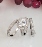 Cushion Cut Sterling Silver Wedding Ring Set: Simulated Diamond Halo Bridal Rings