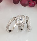 Halo Cushion Cut Sterling Silver Bridal Ring Set: Simulated Diamond Anniversary Rings