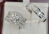 Halo Cushion Cut Sterling Silver Bridal Ring Set: Simulated Diamond Anniversary Rings