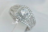 Cushion Cut 3.25ct Double Halo Bridal Ring Set: Simulated Diamond, Sterling Silver
