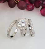 Halo Cushion Cut Sterling Silver Bridal Ring Set: 4.35ct Simulated Diamond