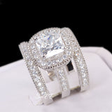 Cushion Cut Sterling Silver Wedding Ring Set: Simulated Diamond Halo Bridal Rings