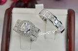 Halo Cushion Cut Sterling Silver Bridal Ring Set: Simulated Diamond Anniversary Rings