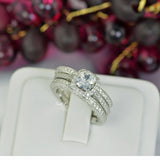 Cushion Cut Halo Sterling Silver Wedding Ring Set: Simulated Diamond