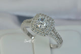 Double Halo Cushion Cut Simulated Diamond Ring: Sterling Silver Engagement