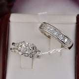 Art Deco Sterling Silver Wedding Ring Set: Simulated Diamond Bridal Rings