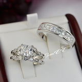 Art Deco Couple Wedding Ring Set: Simulated Diamond, Sterling Silver