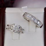 Art Deco Sterling Silver Wedding Ring Set: Simulated Diamond Bridal Rings