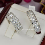 Halo Princess Cut Sterling Silver Wedding Ring Set: Simulated Diamond Bridal Ring
