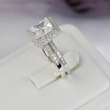 Halo Princess Cut Sterling Silver Bridal Ring Set: Simulated Diamond Anniversary