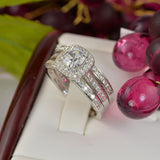 Cushion Cut Simulated Diamond Sterling Silver Double Halo Wedding Ring Set
