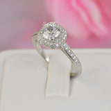 Cushion Cut Simulated Diamond Engagement Ring: Double Halo Sterling Silver