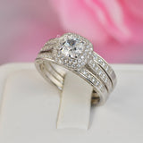 Cushion Cut Simulated Diamond Sterling Silver Double Halo Wedding Ring Set