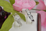 Cushion Double Halo Sterling Silver Wedding Ring Set: Simulated Diamond Anniversary Rings