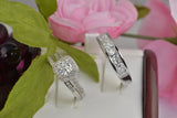 Cushion Double Halo Sterling Silver Wedding Ring Set: Simulated Diamond Anniversary Rings