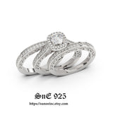 Cushion Cut Halo Sterling Silver Wedding Ring Set: Simulated Diamond