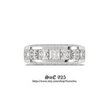 Men’s Wedding Band with Side Stones Diamond Simulated 925 Sterling Silver Anniversary Ring
