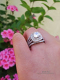 Cushion Cut 3.25ct Double Halo Bridal Ring Set: Simulated Diamond, Sterling Silver