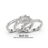Halo Princess Cut Sterling Silver 3pcs Wedding Set - 3.22ct Simulated Diamond
