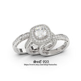 Halo Cushion Cut Sterling Silver Bridal Ring Set: 4.35ct Simulated Diamond