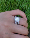 Cushion Cut Simulated Diamond Sterling Silver Double Halo Wedding Ring Set