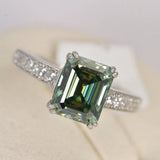 Blue Green Moissanite Engagement Ring, 4ct Emerald Cut, Sterling Silver