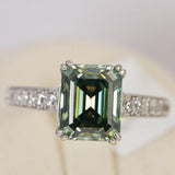 Blue Green Moissanite Engagement Ring, 4ct Emerald Cut, Sterling Silver