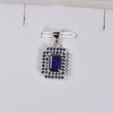 Double Halo Natural Blue Sapphire Emerald Cut Pendant 925 Sterling