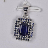 Double Halo Natural Blue Sapphire Emerald Cut Pendant 925 Sterling