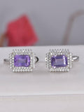 Natural Double Halo Amethyst Hoop Earrings 925 Sterling Silver