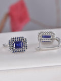 Natural Blue Sapphire Double Halo Hoop Earrings 925 Sterling Silver