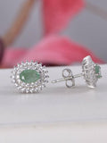 Natural Emerald Double Halo Oval Cut Earrings 925 Sterling Silver