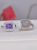 Natural Double Halo Amethyst Hoop Earrings 925 Sterling Silver