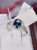 Sterling Silver Natural London Blue Topaz Ring, Halo CZ Accents, Size 7