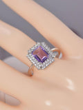 Natural Halo Radiant Cut Amethyst Sterling Silver Ring Size 7