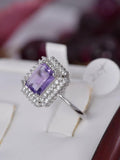 Natural Halo Radiant Cut Amethyst Sterling Silver Ring Size 7