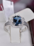 Sterling Silver Natural London Blue Topaz Ring, Halo CZ Accents, Size 7