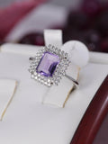 Natural Halo Radiant Cut Amethyst Sterling Silver Ring Size 7