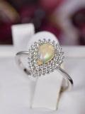 Double Halo Pear Natural Ethopian Opal Ring Sterling Silver Size 7