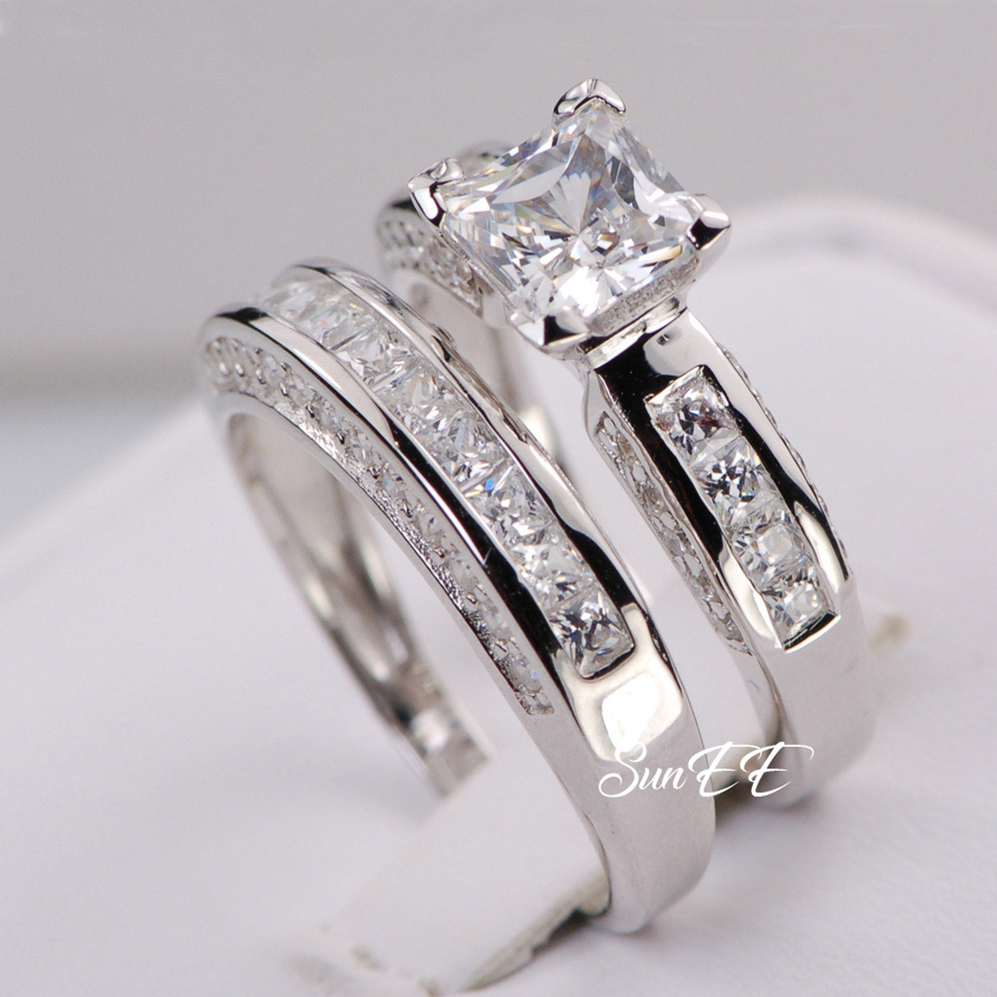 SunEE Jewelry 925 Sterling Silver Princess Cut Bridal Set – Simulated Diamonds