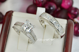 His Hers Princess Cut Bridal Wedding Engagement Ring Diamond Simulated 925 Sterling Silver Anniversary Rings SKU:00164