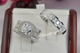 His Hers Halo Cushion Cut Bridal Wedding Engagement Ring Diamond Simulated 925 Sterling Silver Anniversary Rings SKU:00181