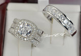 His Hers Halo Cushion Cut Bridal Wedding Engagement Ring Diamond Simulated 925 Sterling Silver Anniversary Rings SKU:00182