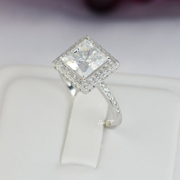 Halo Princess Cut Bridal Wedding Engagement Ring Diamond Simulated 925 Sterling Silver Anniversary Ring SKU:00172